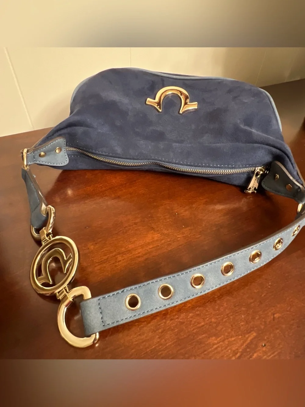 True Religion blue Suede Shoulder Bag with Gold Accent
